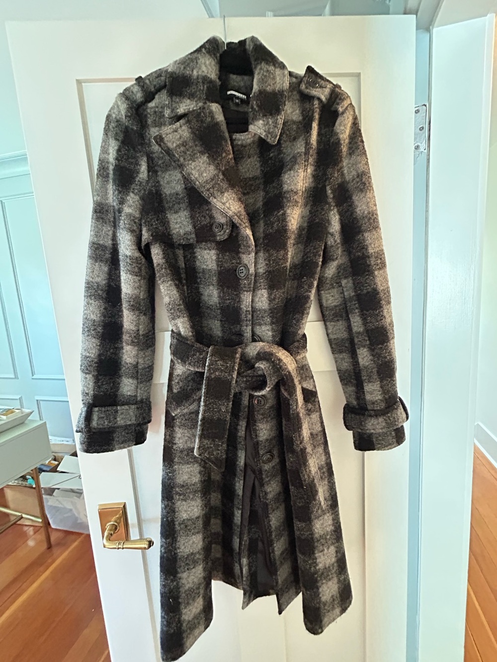 Attitude by Jay Manuel Plaid Belted Coat Size 14 Black Grey